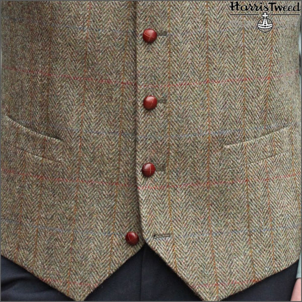 Harris Tweed Beige/Olive Herringbone Waist Coat`