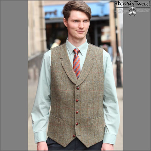 Harris Tweed Beige/Olive Herringbone Waist Coat`