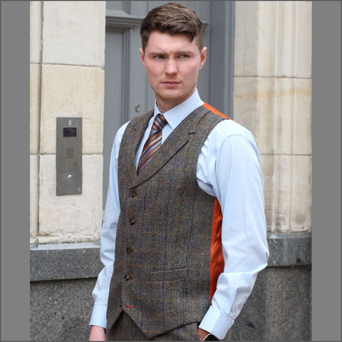Harris Tweed Brown, Blue Herringbone Waistcoat`