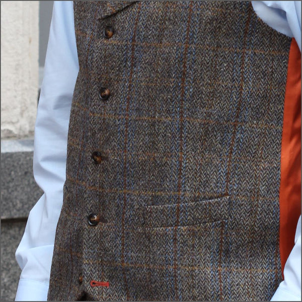 Harris Tweed Brown, Blue Herringbone Waistcoat`