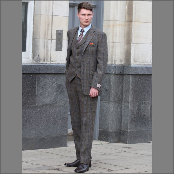 Harris Tweed Brown, Blue, Herringbone 3pc Suit=