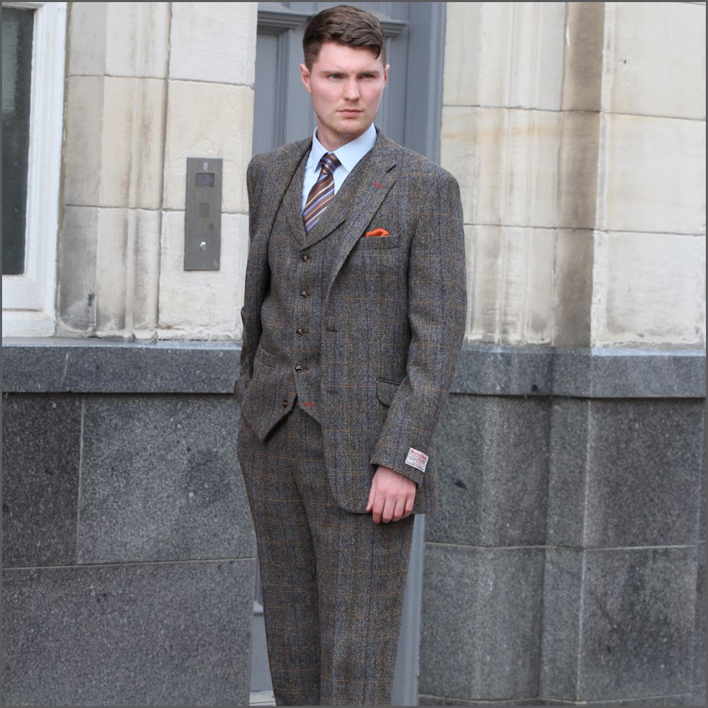 Harris Tweed Brown, Blue, Herringbone 3pc Suit=
