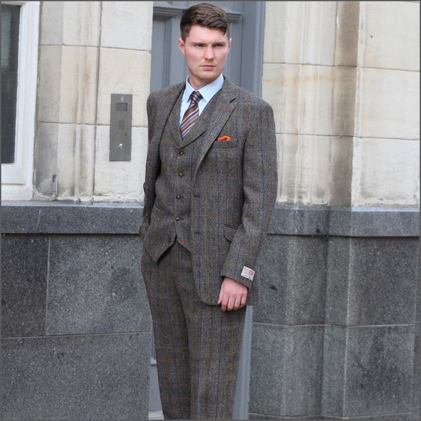 Harris Tweed Brown, Blue, Herringbone 3pc Suit=