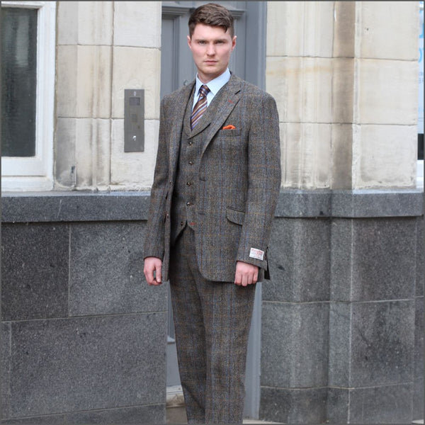 Harris Tweed Brown, Blue, Herringbone 3pc Suit=