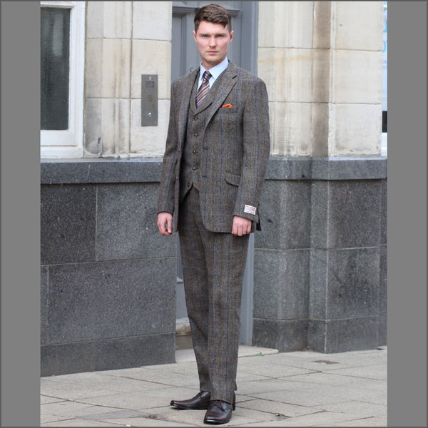 Harris Tweed Brown, Blue, Herringbone 3pc Suit=