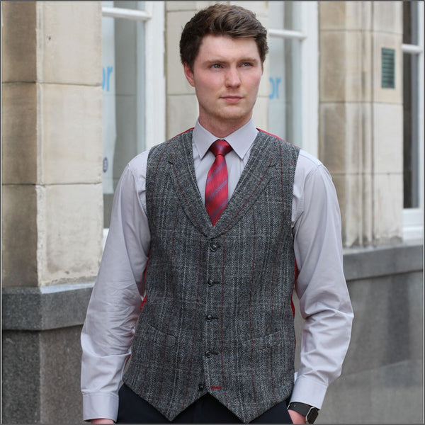 Harris Tweed Grey, Wine Check Waistcoat=