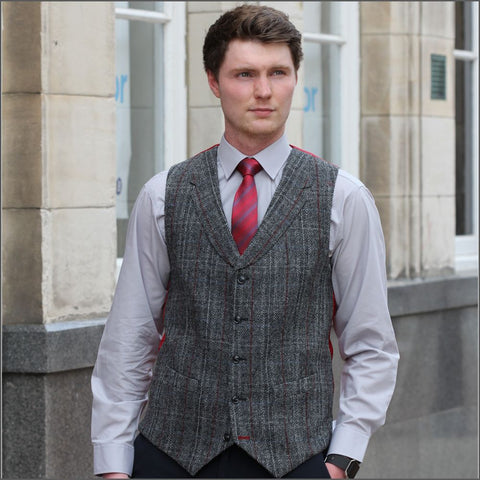 Harris Tweed Grey, Wine Check Waistcoat=