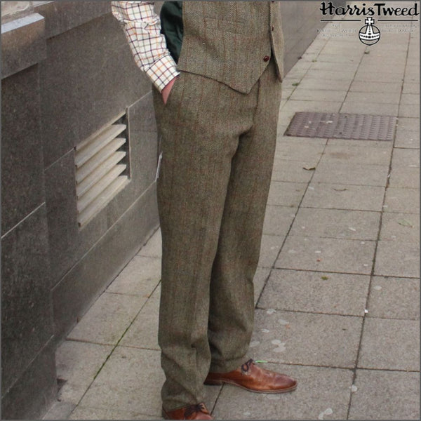 Harris Tweed Beige/Olive Herringbone Trousers=