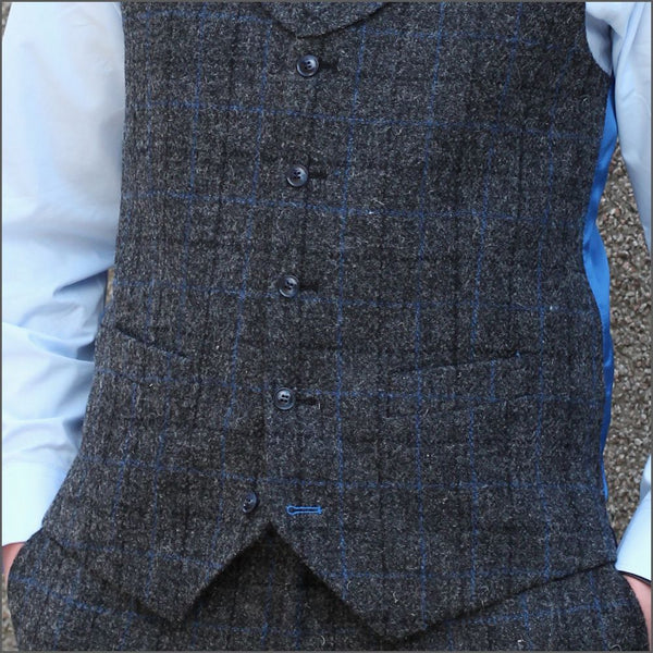 Harris Tweed Grey Marl with Blue Over Check Waistcoat=