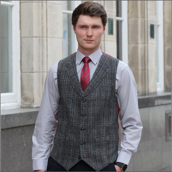Harris Tweed Grey, Wine Check Waistcoat=